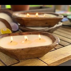 Wooden dough bowl candles